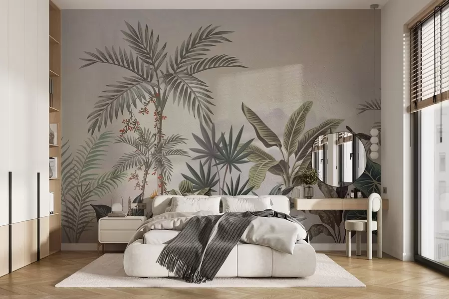 murais de parede Selva tropical com palmeiras e pássaros coloridos w08496