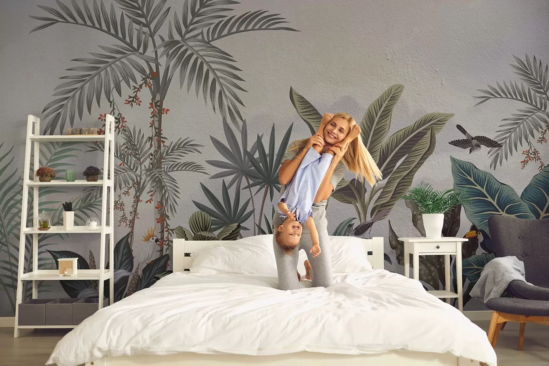 murais de parede Selva tropical com palmeiras e pássaros coloridos w08496