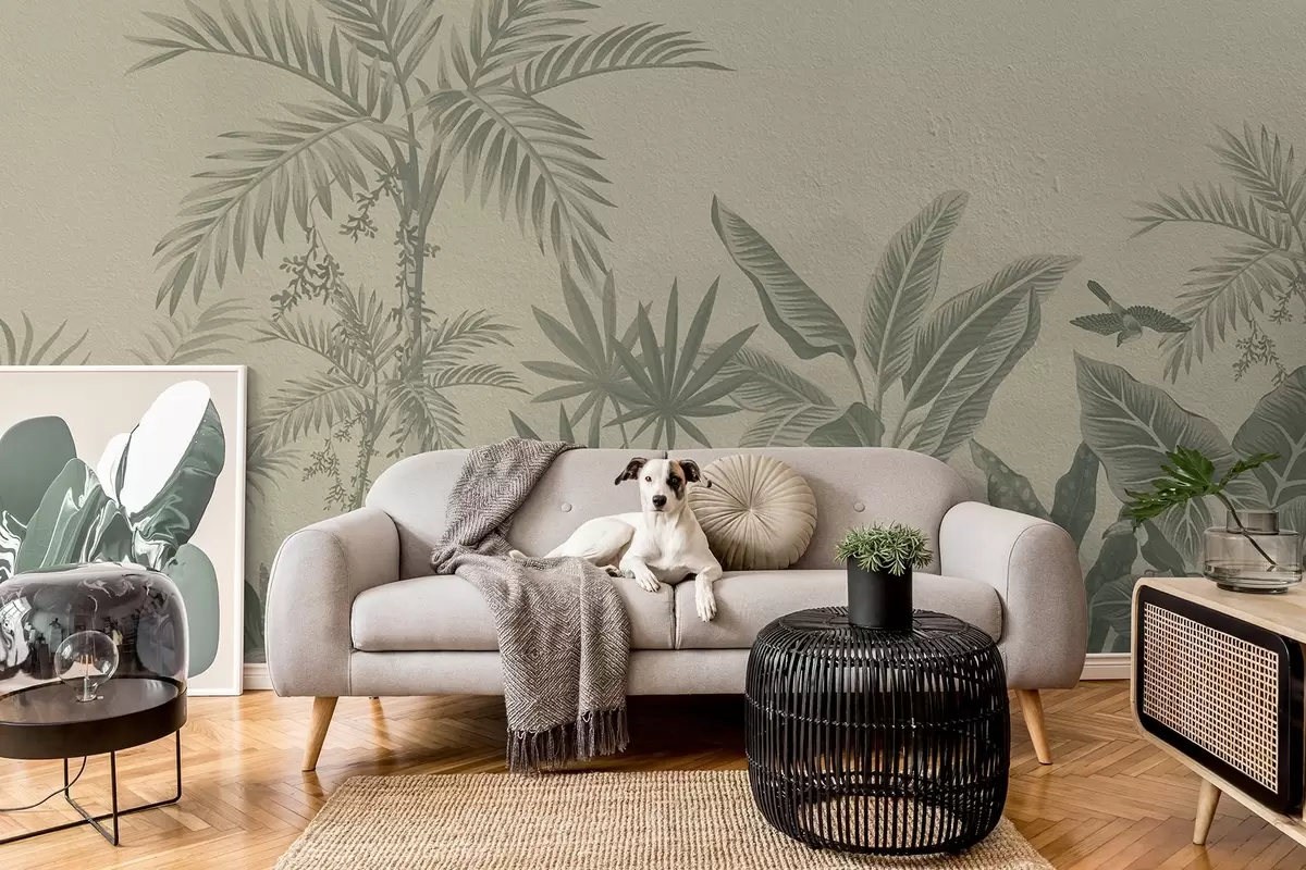 murais de parede Selva tropical com palmeiras e pássaros em tons de verde w08496v2