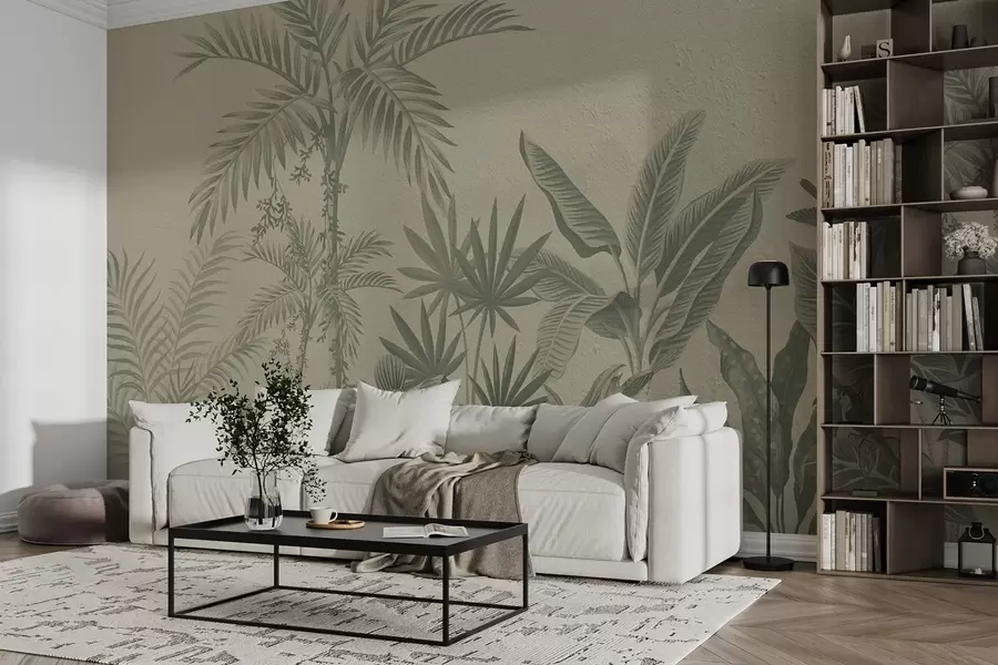 murais de parede Selva tropical com palmeiras e pássaros em tons de verde w08496v2