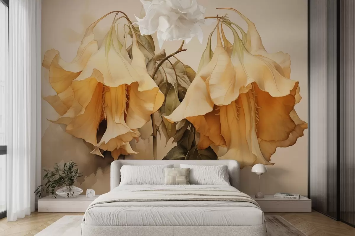 murais de parede Imitação de flores amarelas e laranjas em aquarela w02467