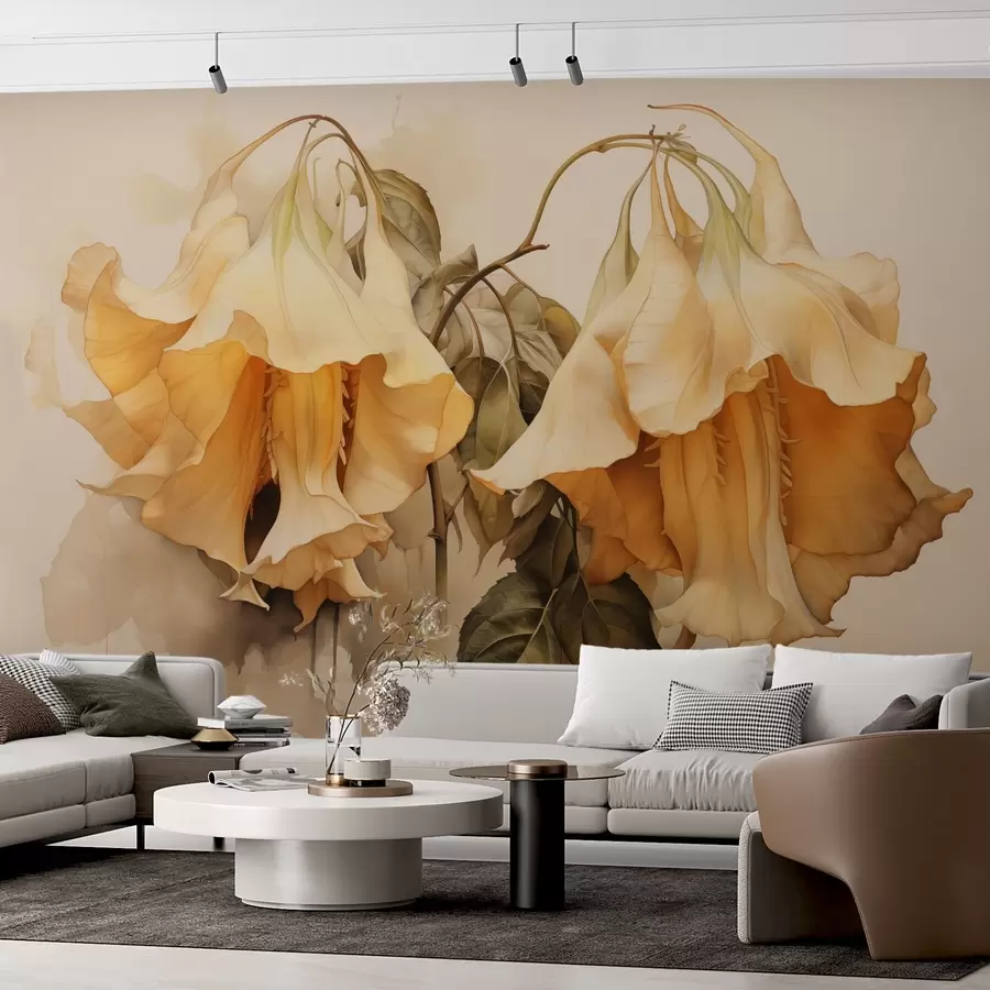 murais de parede Imitação de flores amarelas e laranjas em aquarela w02467