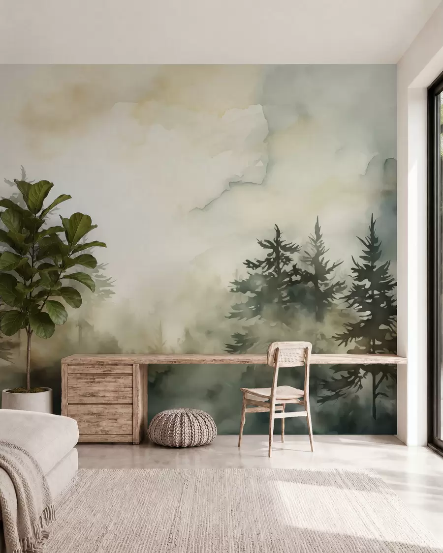 murais de parede Pintura de imitação de floresta em aquarela w02473