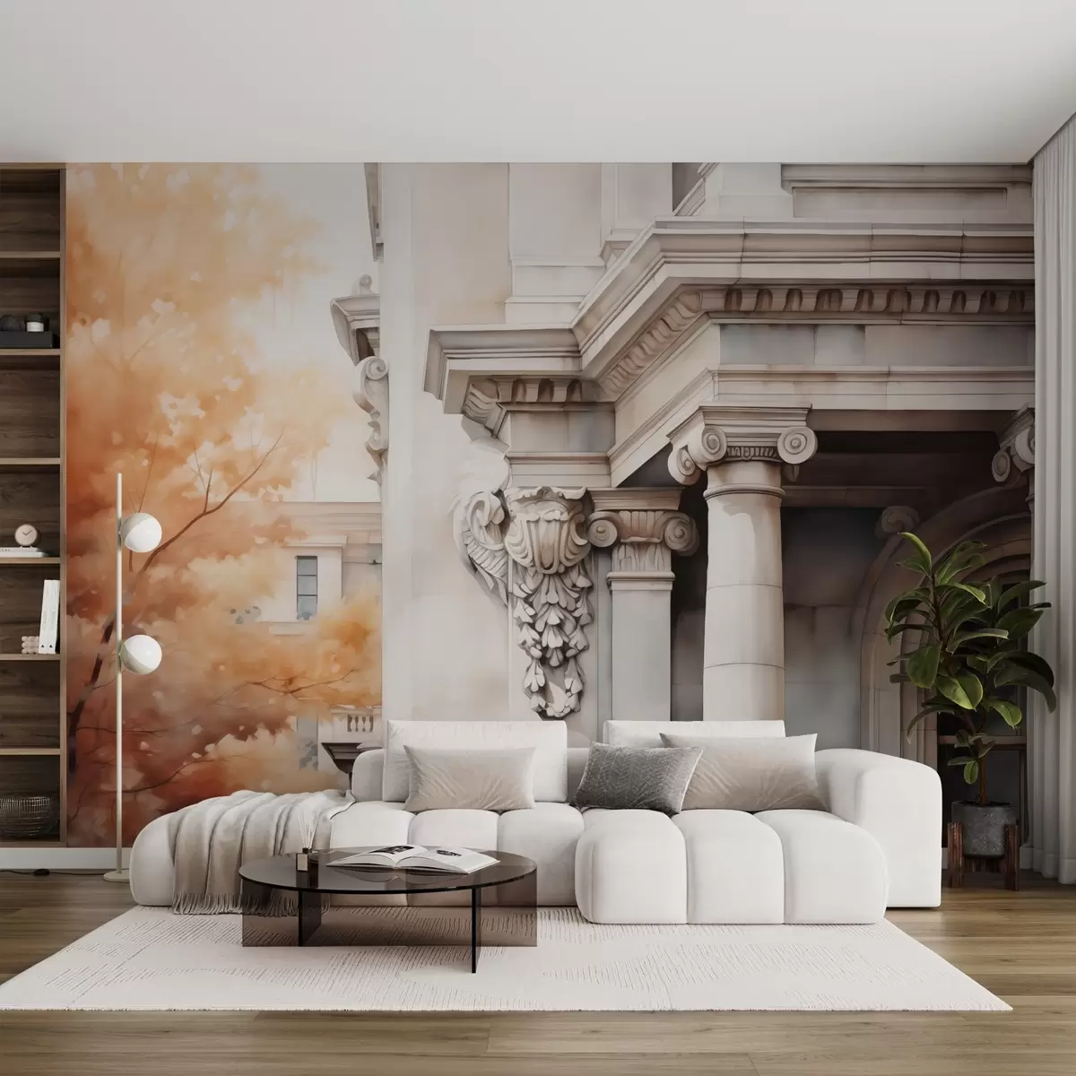 murais de parede Parte de uma casa com colunas ao lado de uma árvore imitação de aquarela w02495