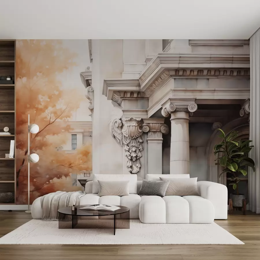 murais de parede Parte de uma casa com colunas ao lado de uma árvore imitação de aquarela w02495