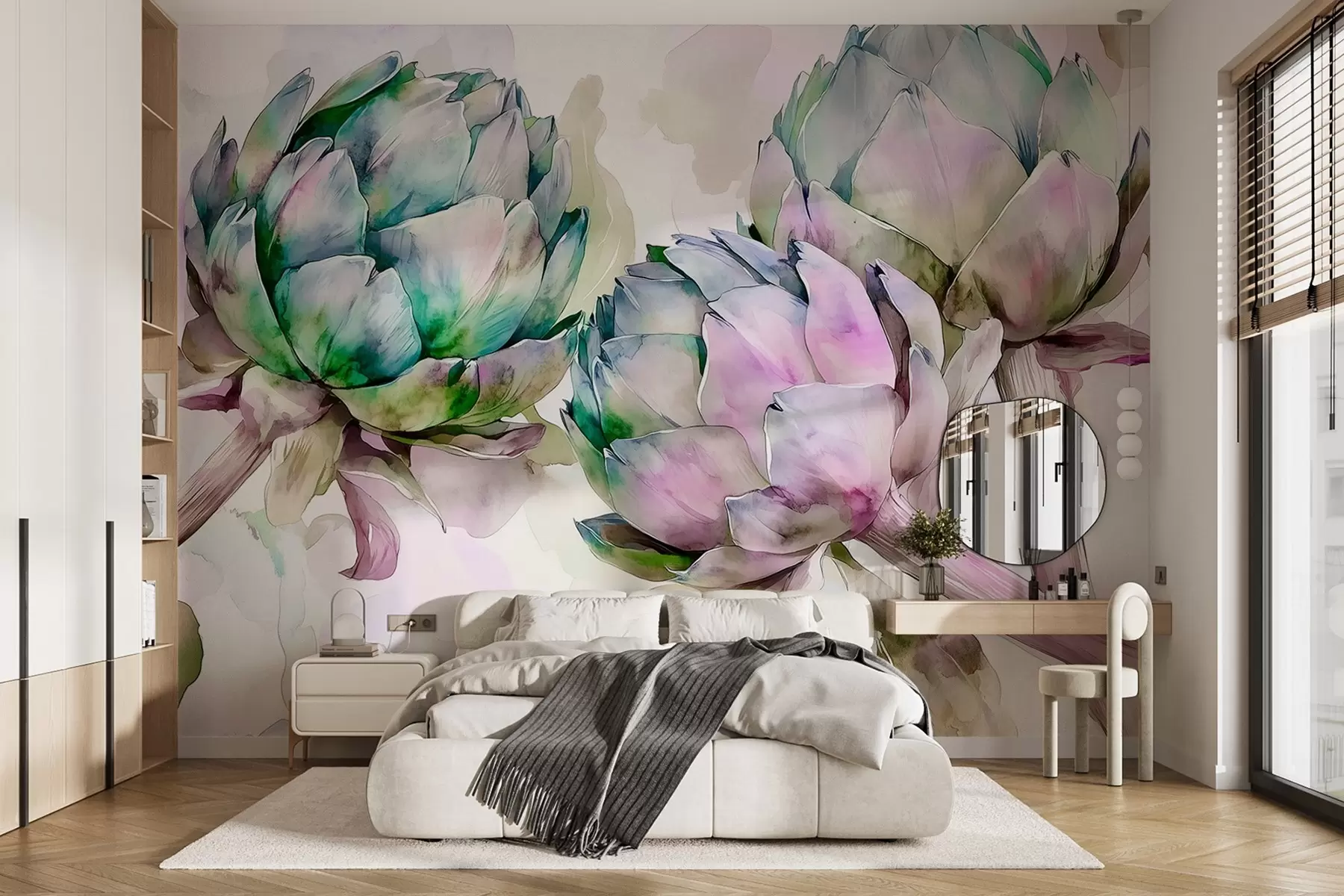 murais de parede Alcachofras em estilo aquarela, flores, roxo e verde w02481