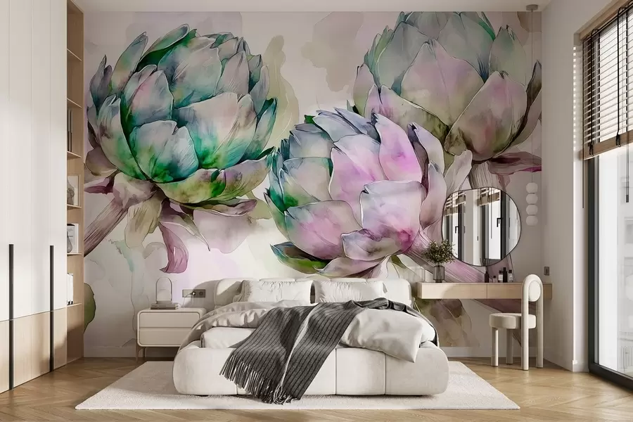 murais de parede Alcachofras em estilo aquarela, flores, roxo e verde w02481