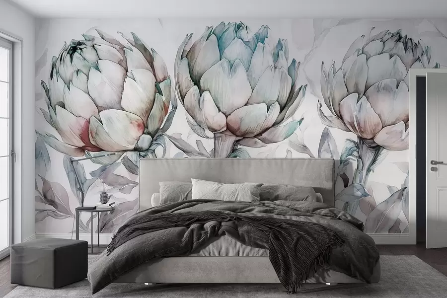 murais de parede Belo desenho de alcachofras, estilo aquarela, cores suaves w02482v1