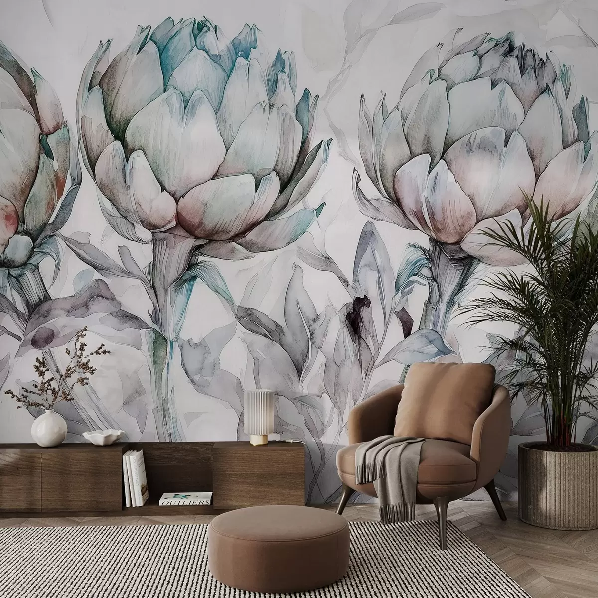 murais de parede Belo desenho de alcachofras, estilo aquarela, cores suaves w02482v1