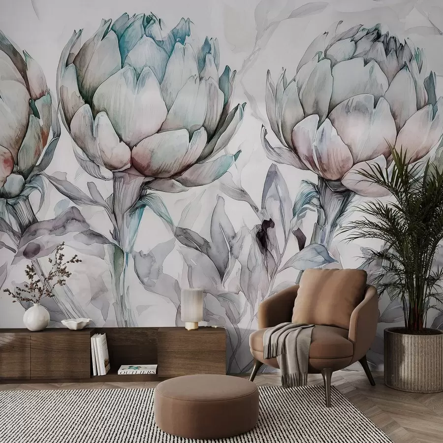 murais de parede Belo desenho de alcachofras, estilo aquarela, cores suaves w02482v1