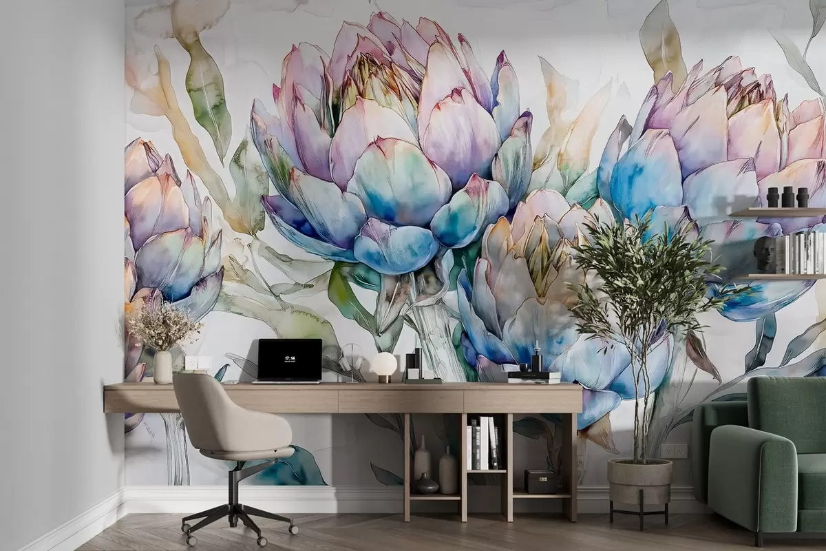 murais de parede Desenho de alcachofras, estilo aquarela, floral, roxo, bege, verde w02484