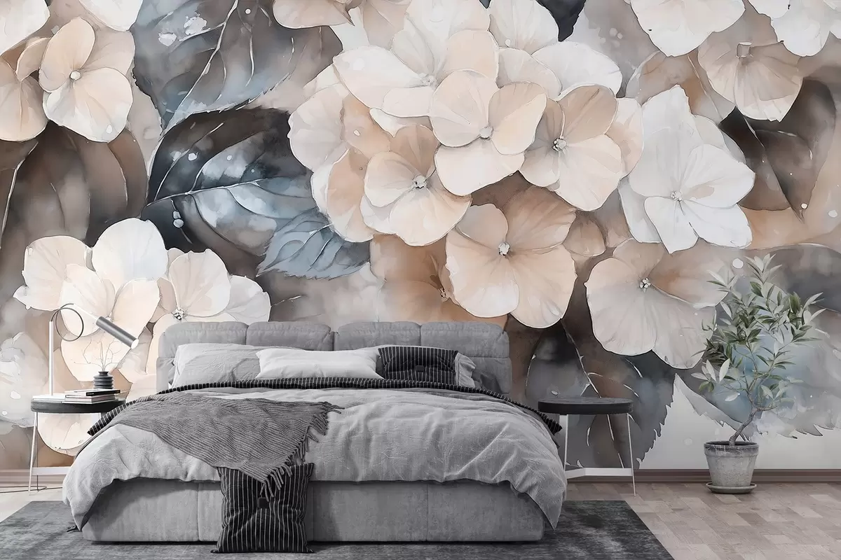 murais de parede Flores de hortênsia, desenho em estilo aquarela, cores bege, floral w02488