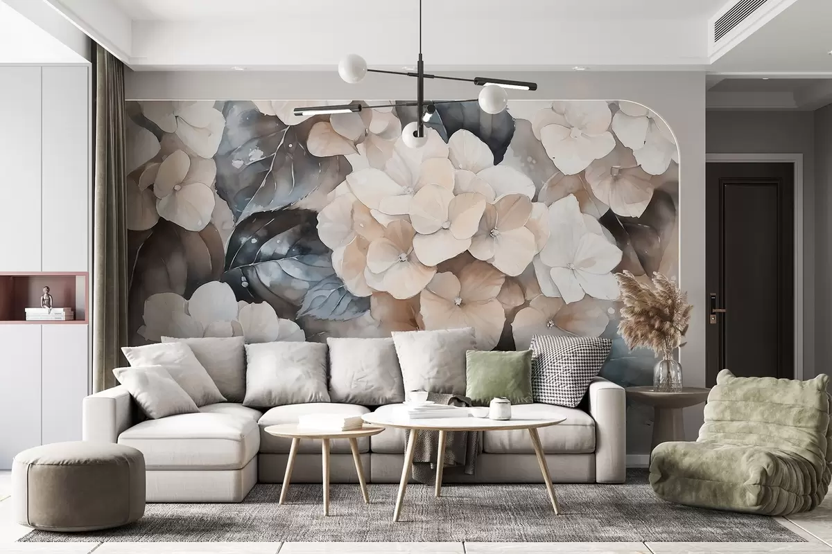 murais de parede Flores de hortênsia, desenho em estilo aquarela, cores bege, floral w02488