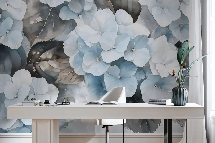 murais de parede Flores de hortênsia, desenho em estilo aquarela, cores azuis, floral w02488v1