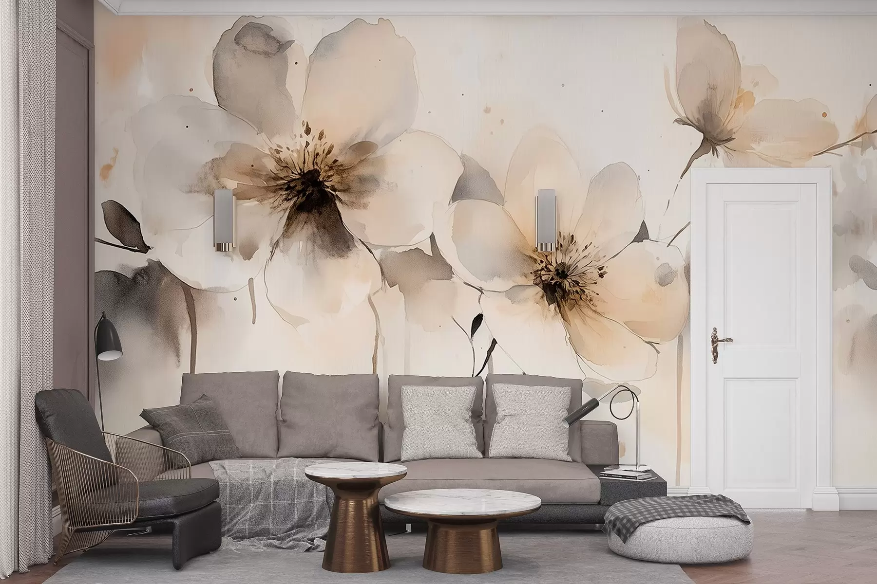 murais de parede Flores do prado, desenho em estilo aquarela, paleta de cores bege  w02489