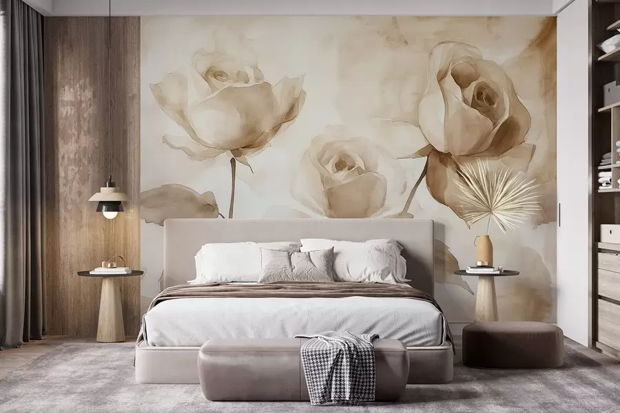 murais de parede Rosas bege, flores, desenho em aquarela suave, rústico, boêmio w02490