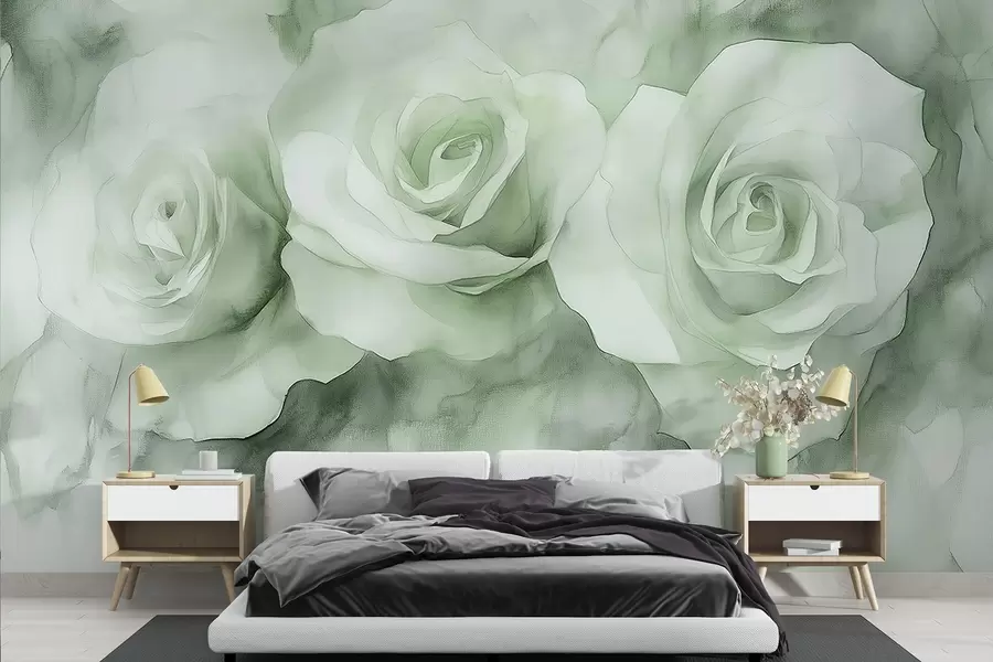 murais de parede Lindas rosas, estilo aquarela, cores verdes, boêmio w02492v2