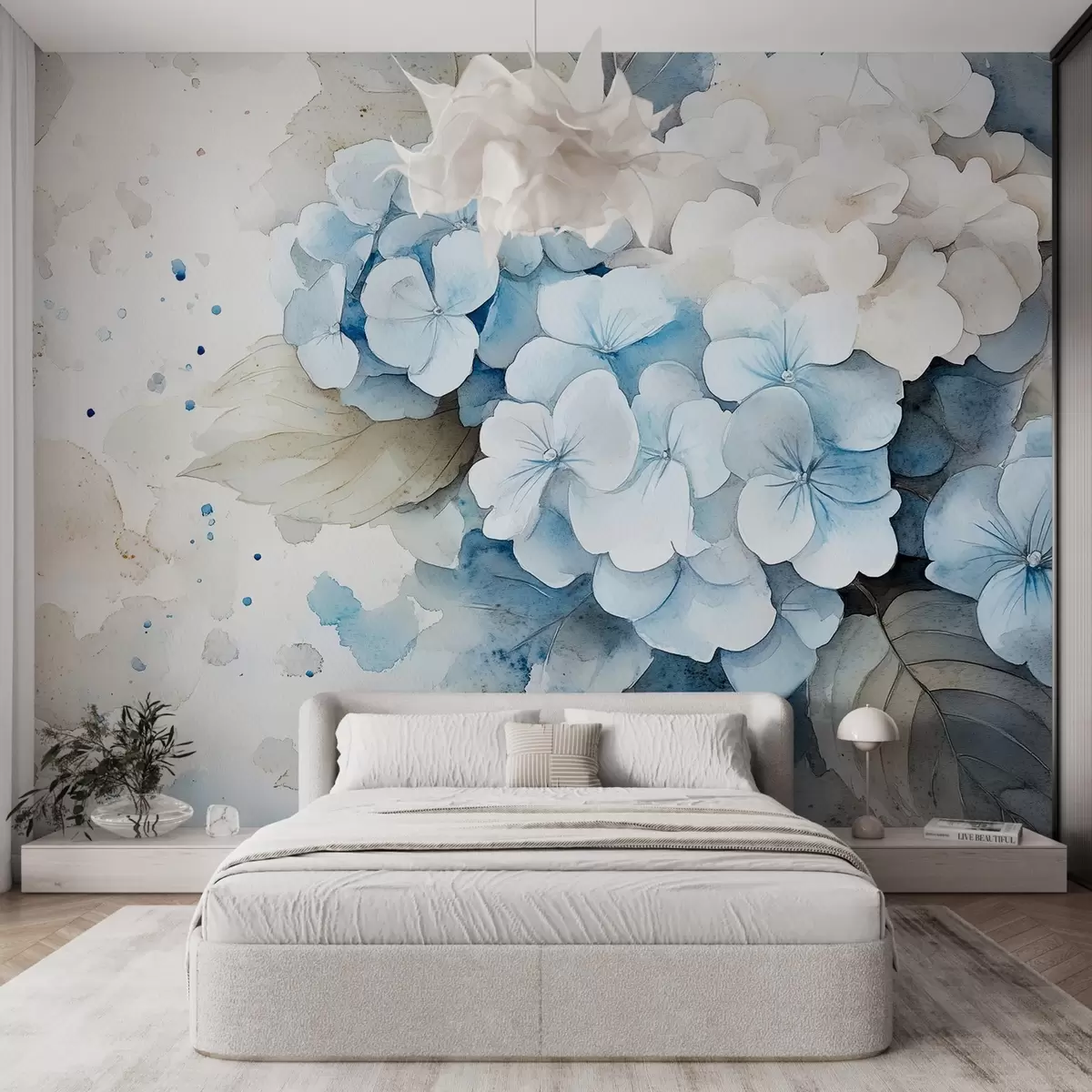 murais de parede Desenho em estilo aquarela de flores de hortênsia com folhas, cores naturais suaves w02493