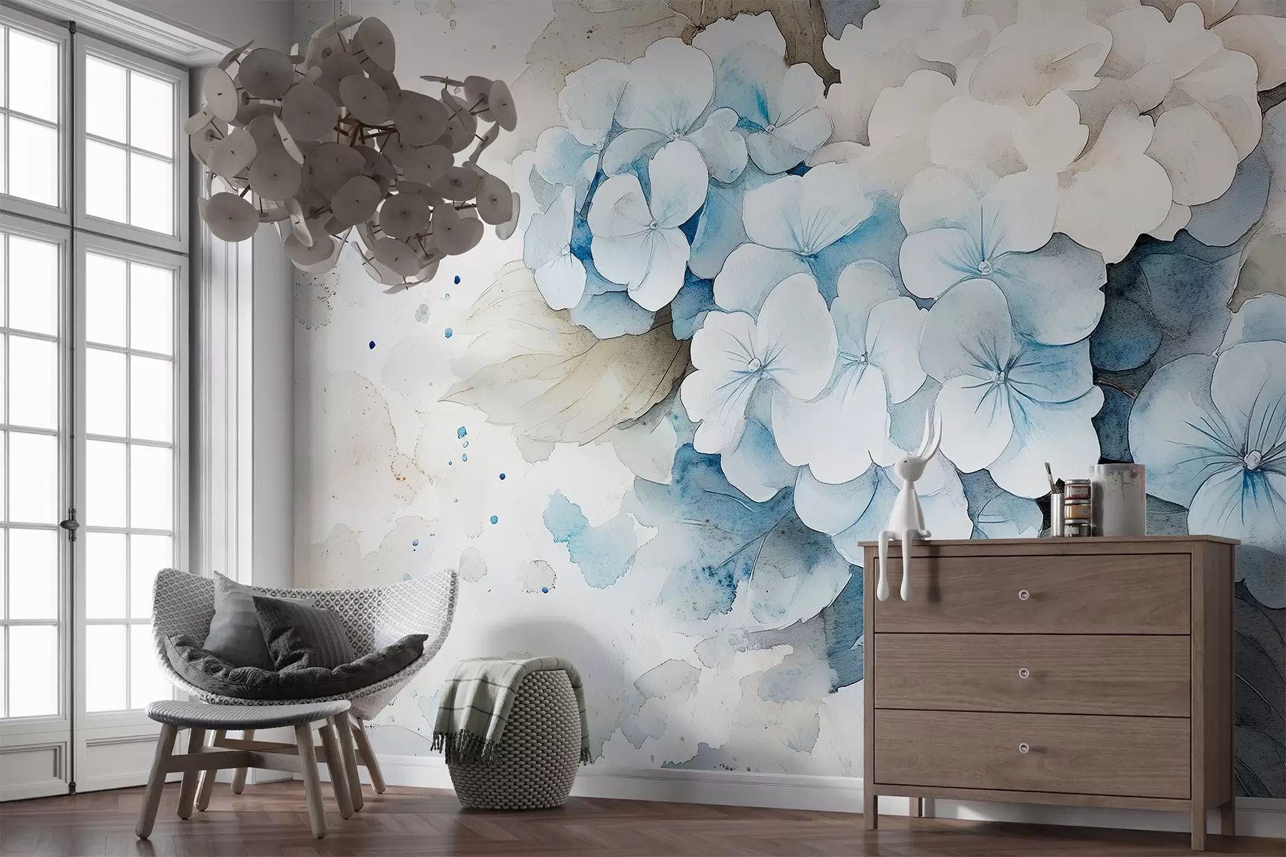 murais de parede Desenho em estilo aquarela de flores de hortênsia com folhas, cores naturais suaves w02493