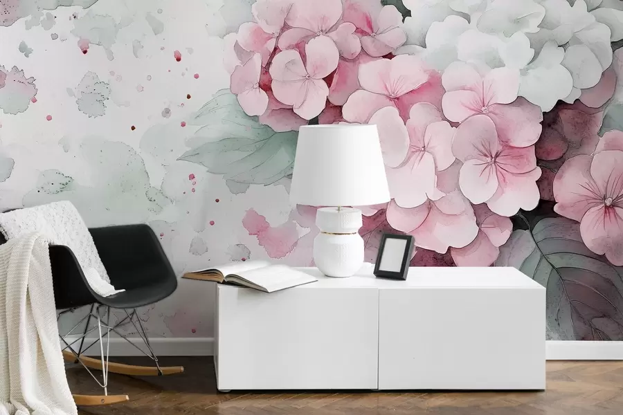 murais de parede Desenho em estilo aquarela de flores de hortênsia com folhas, nas cores rosa suave e verde w02493v1