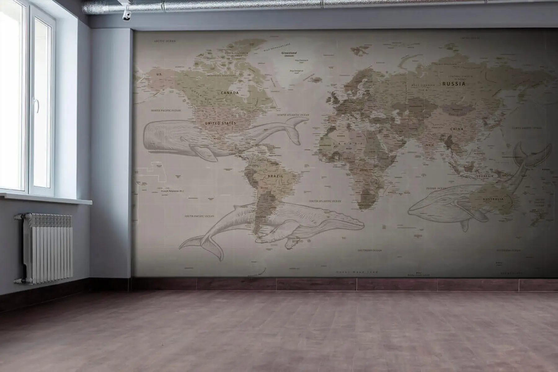 murais de parede Mapa do mundo com baleias u50449