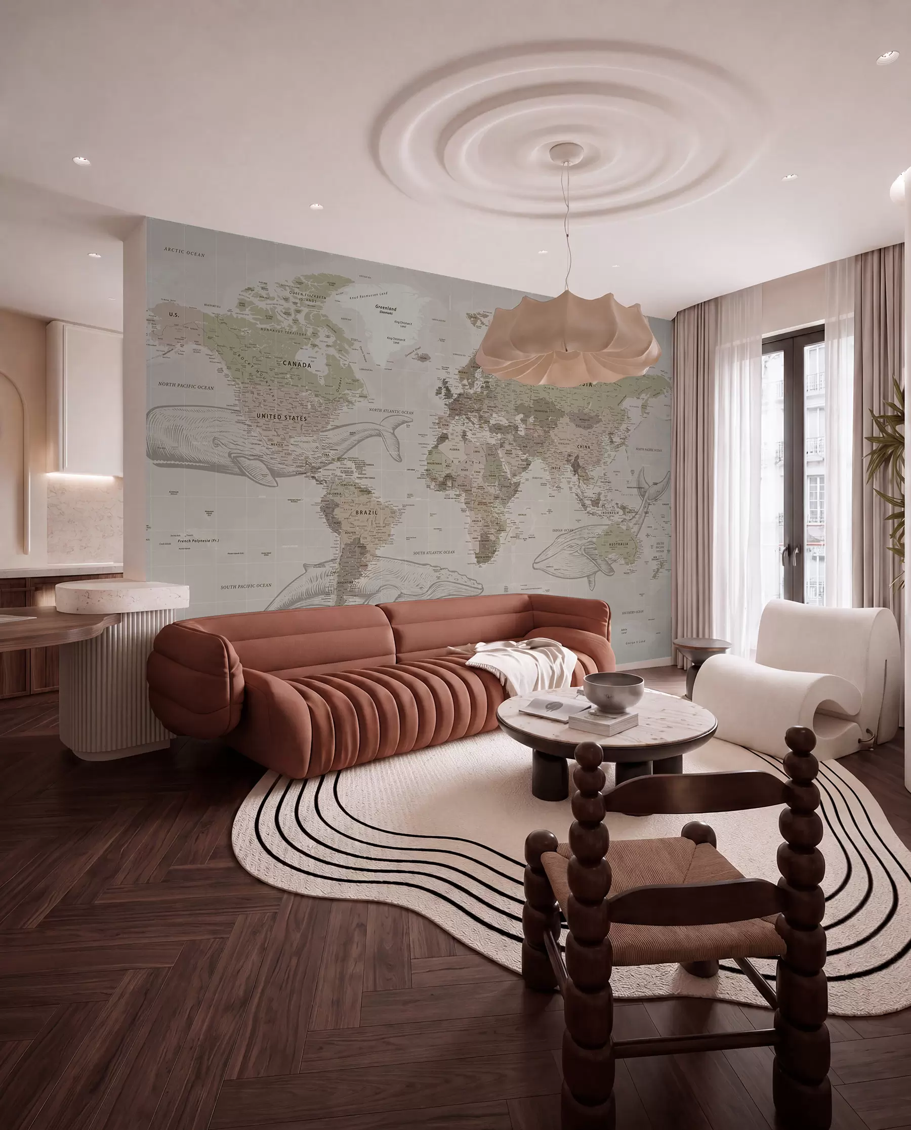 murais de parede Mapa do mundo com baleias u50449