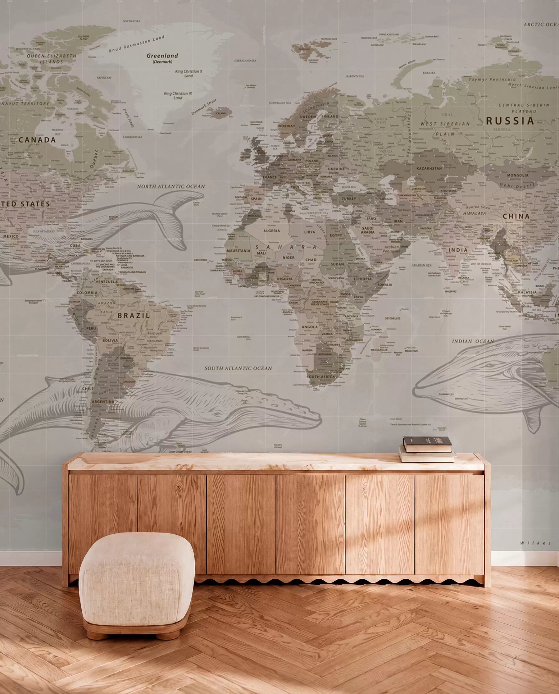 murais de parede Mapa do mundo com baleias u50449