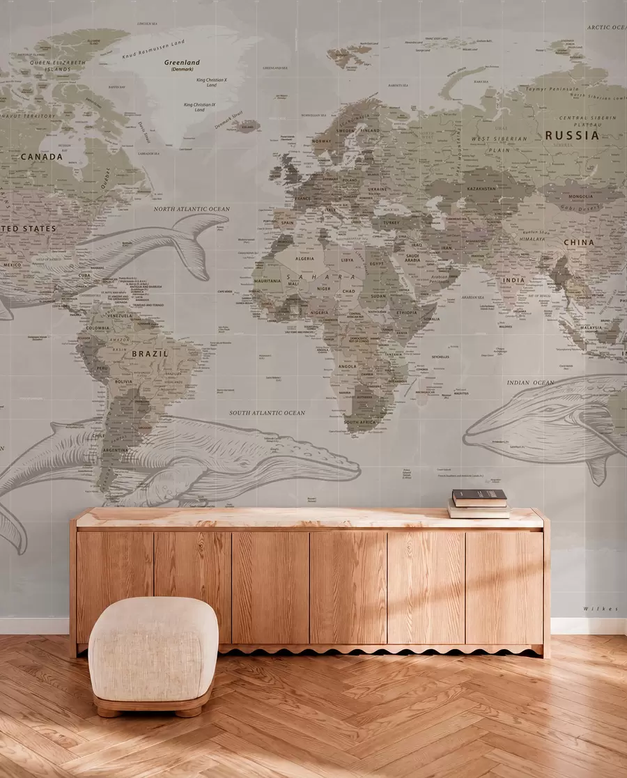 murais de parede Mapa do mundo com baleias u50449