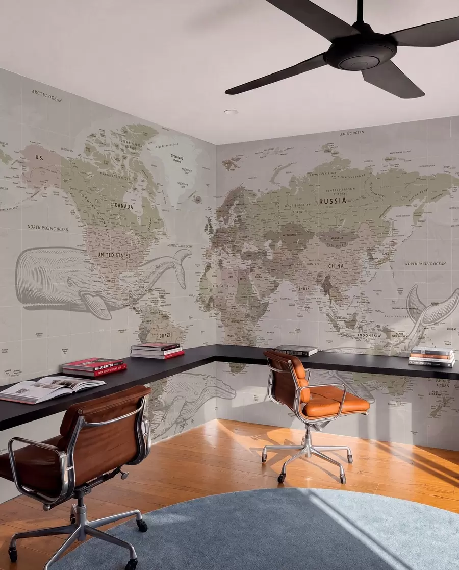 murais de parede Mapa do mundo com baleias u50449