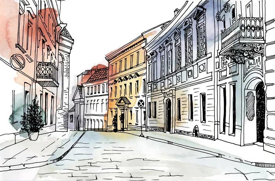 murais de parede Cidade velha, marcador e aquarela u51062