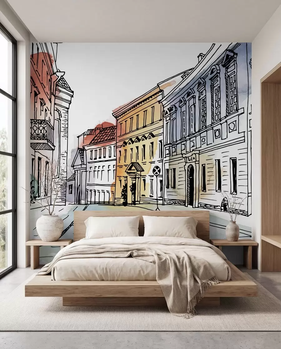 murais de parede Cidade velha, marcador e aquarela u51062