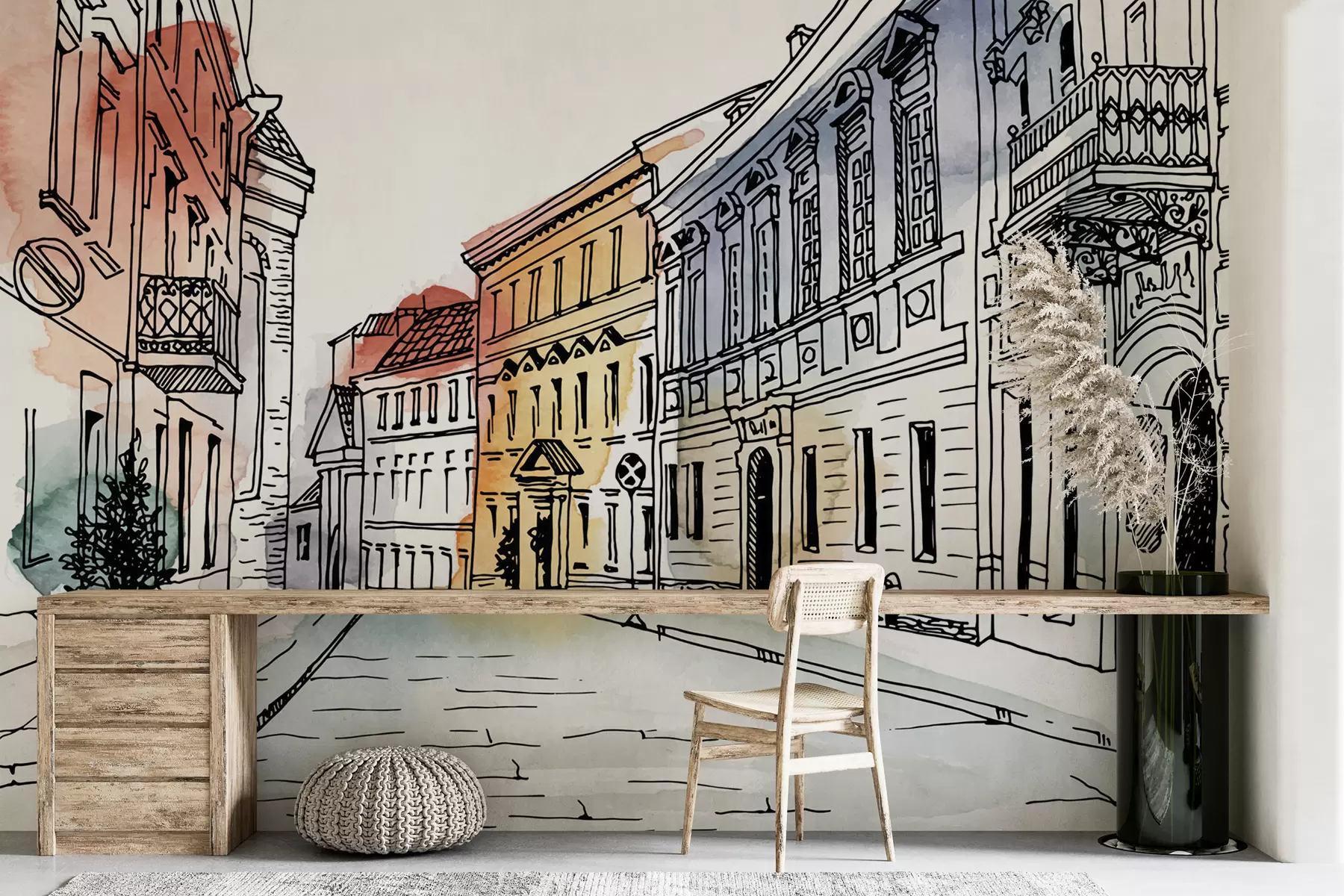 murais de parede Cidade velha, marcador e aquarela u51062