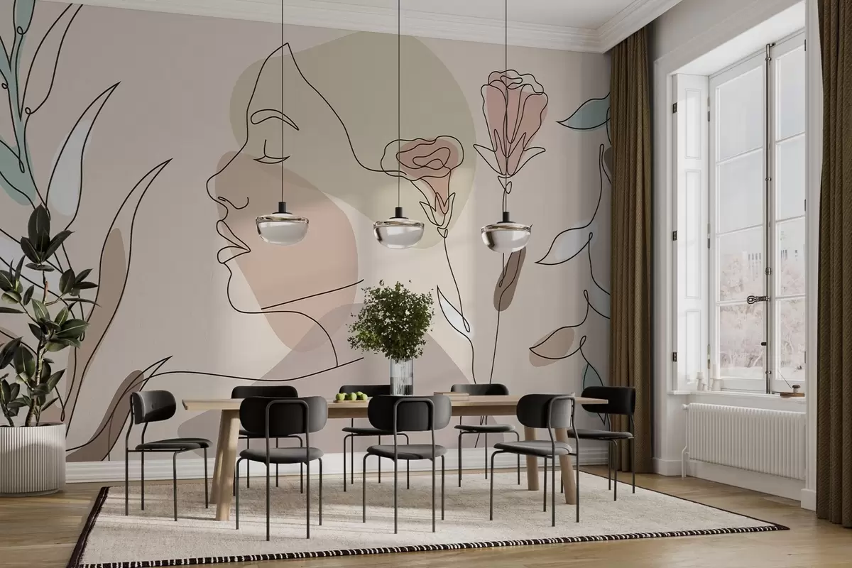 murais de parede Menina com linhas e flores coloridas w02543