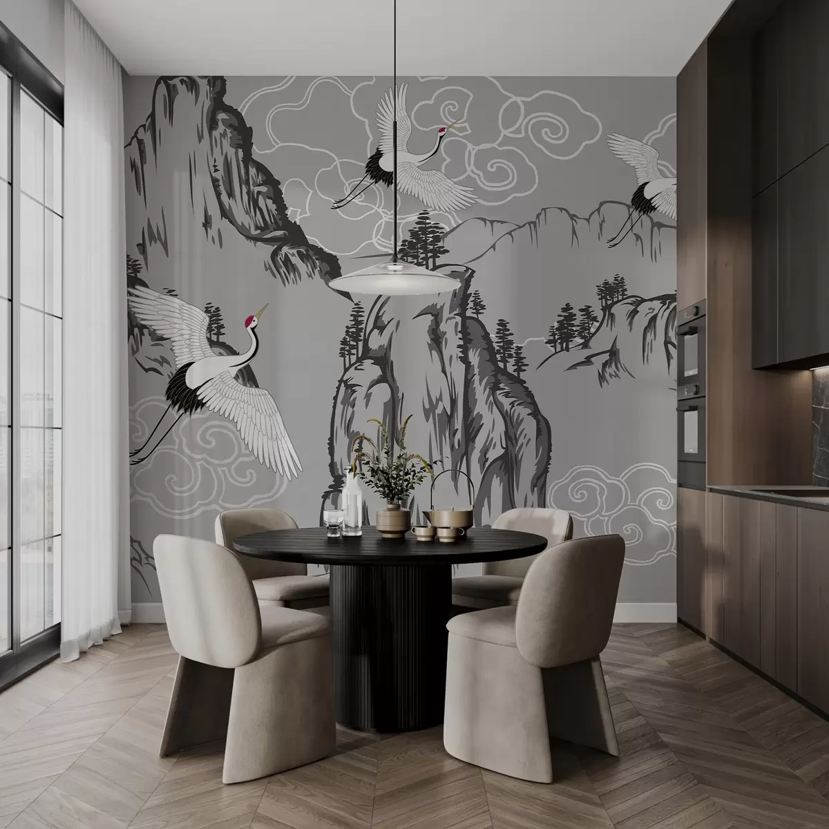 murais de parede Montanhas e guindastes em estilo japonês, em tons de cinza w02544v1