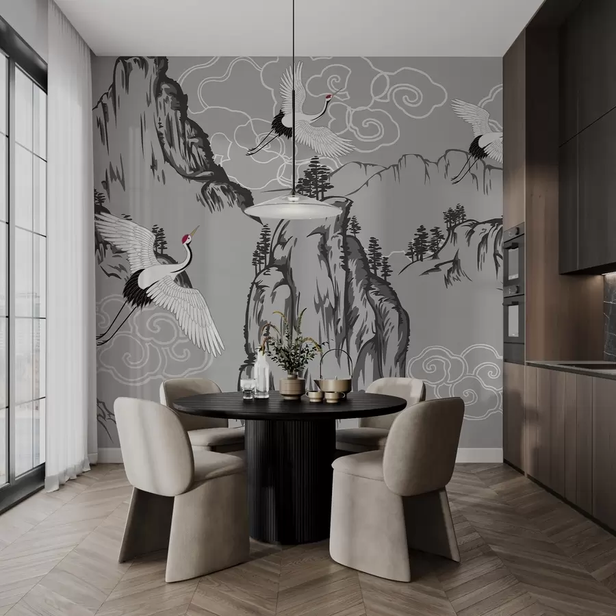 murais de parede Montanhas e guindastes em estilo japonês, em tons de cinza w02544v1