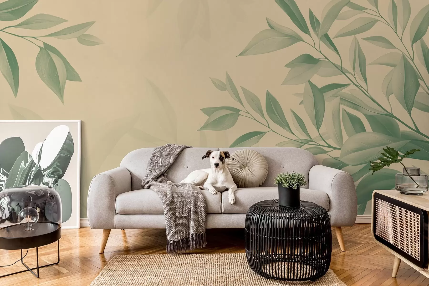 murais de parede Folhas verdes com um fundo bege suave e quente w08499v2