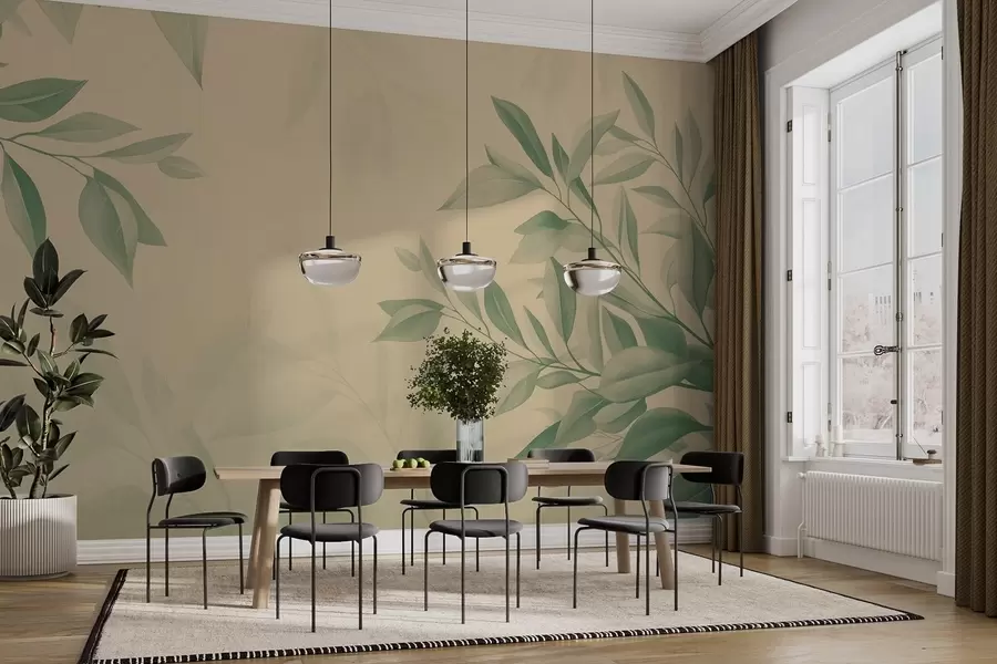 murais de parede Folhas verdes com um fundo bege suave e quente w08499v2