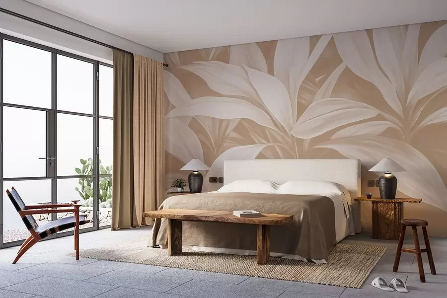 murais de parede Folhas grandes da planta em uma cor rosa suave w08501