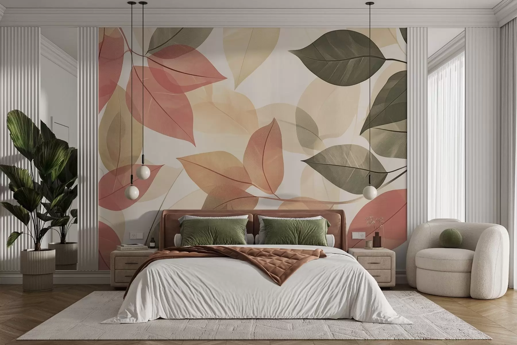 murais de parede Ramos de folhas em tons de vermelho e verde w08502