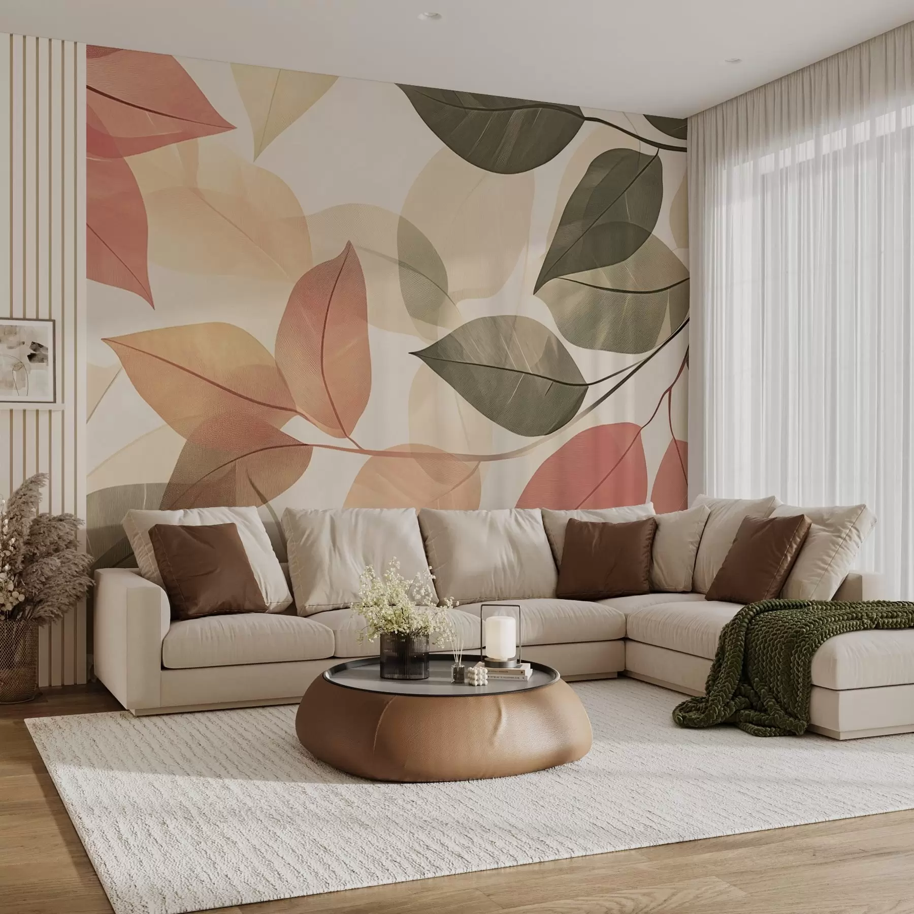 murais de parede Ramos de folhas em tons de vermelho e verde w08502