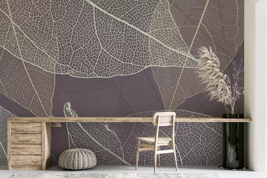 murais de parede close-up de folhas com veias em tons de cinza-púrpura w02520v3