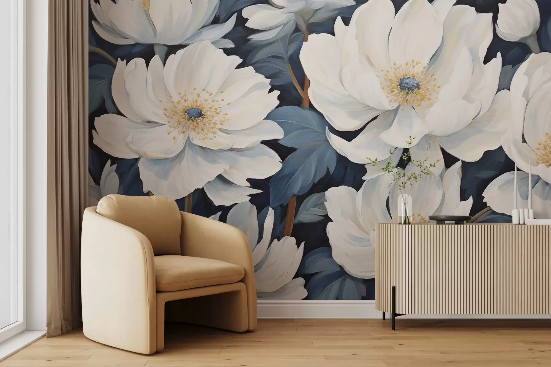 murais de parede Flores brancas sobre azul w02582