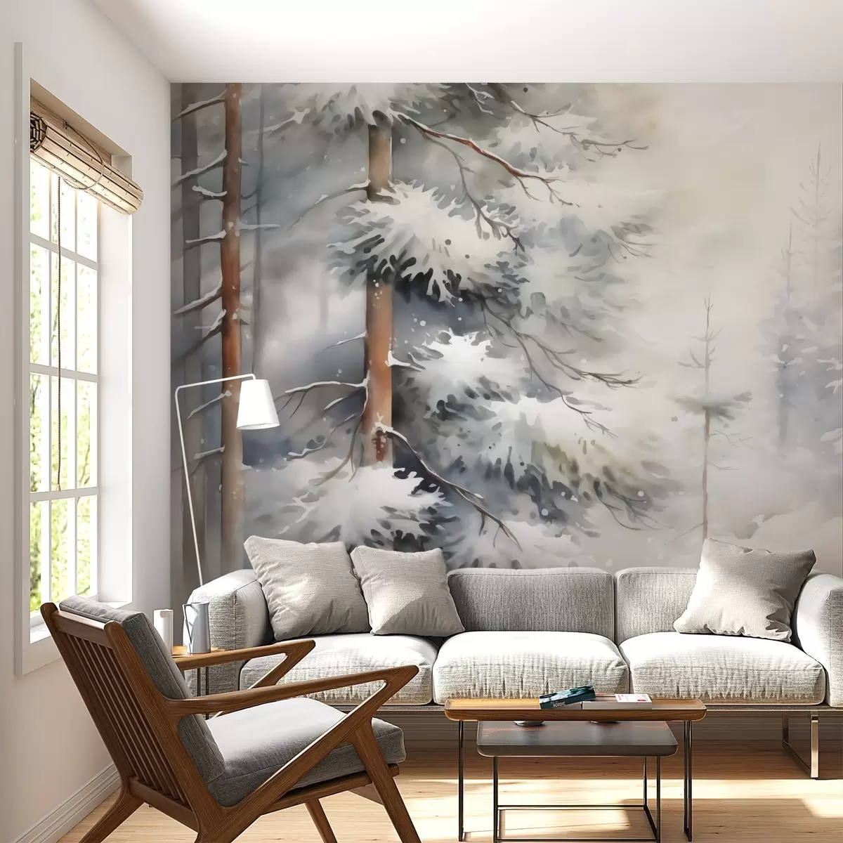 murais de parede Imitação de floresta nevada em aquarela w02591