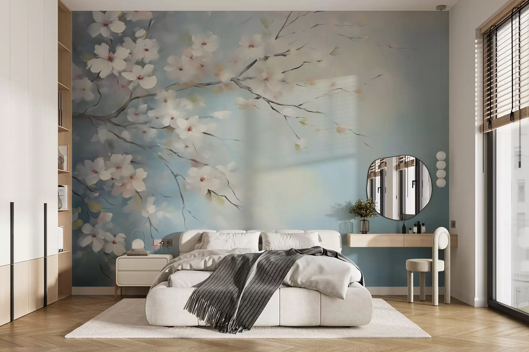 murais de parede Ramo com flores, imitação de pintura, tons de branco e azul w02593
