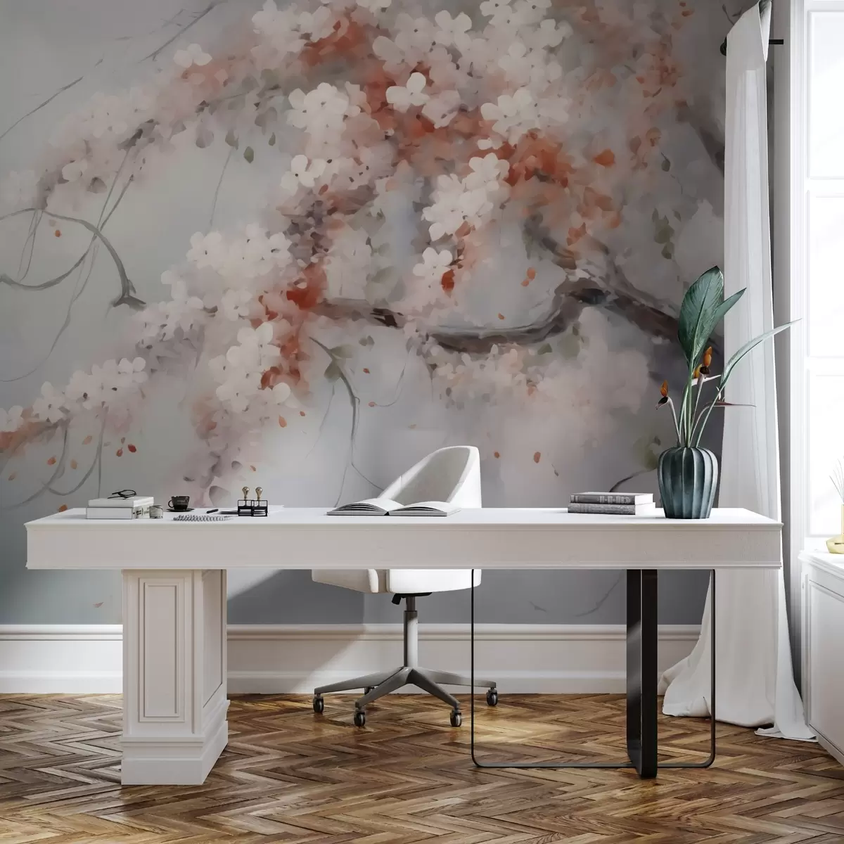 murais de parede Ramo abstrato com flores brancas e vermelhas imitação de pintura w02594