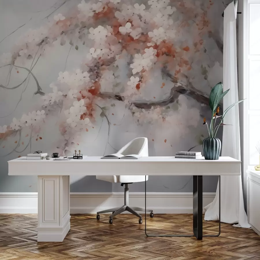 murais de parede Ramo abstrato com flores brancas e vermelhas imitação de pintura w02594