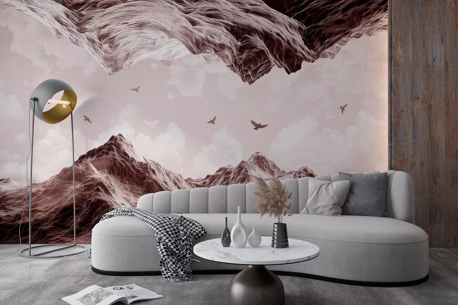 murais de parede Paisagem de montanhas, realismo, pássaros voando, natureza, nuvens, cores marrons w02514v2