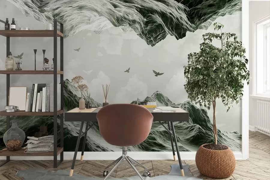 murais de parede Paisagem de montanhas, realismo, pássaros voando, natureza, nuvens, cores verdes w02514v3