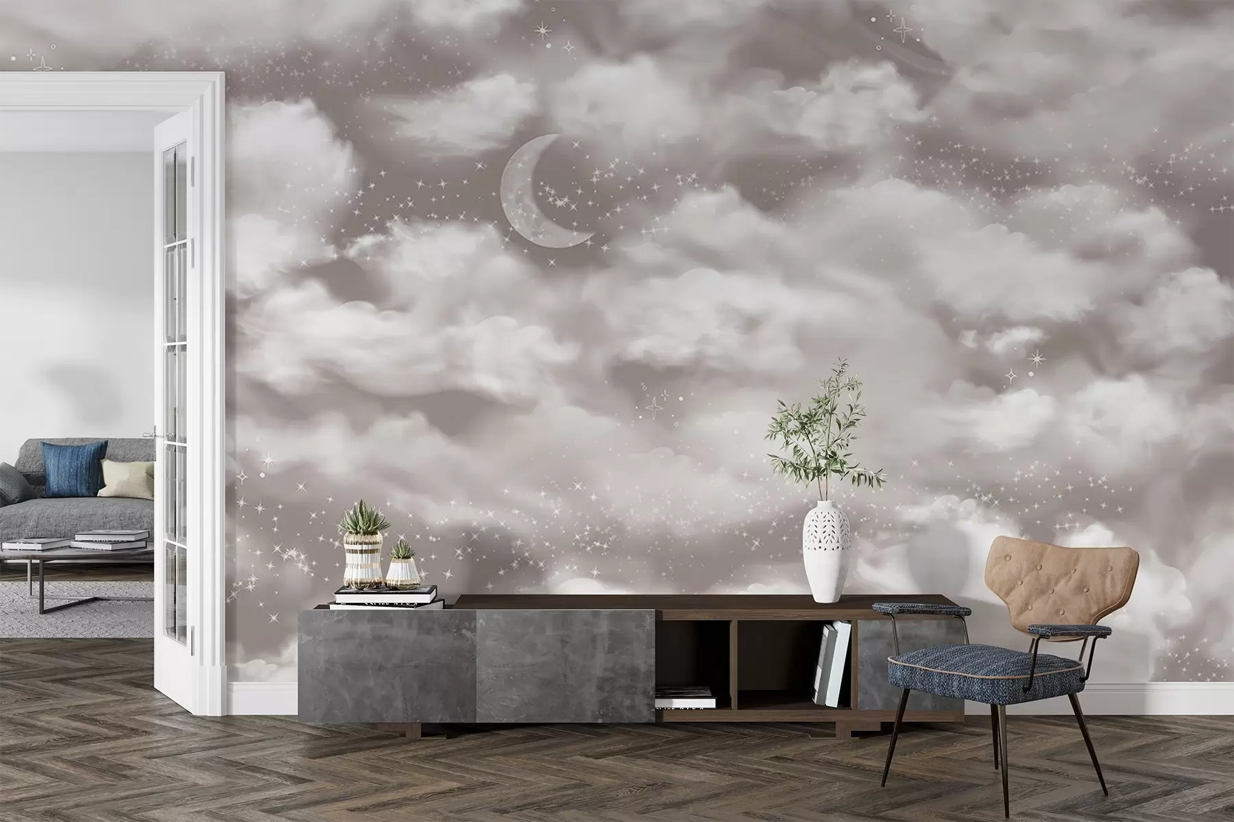 murais de parede Céu estrelado com lua e nuvens, sonhador, etéreo, cores bege suaves w02515