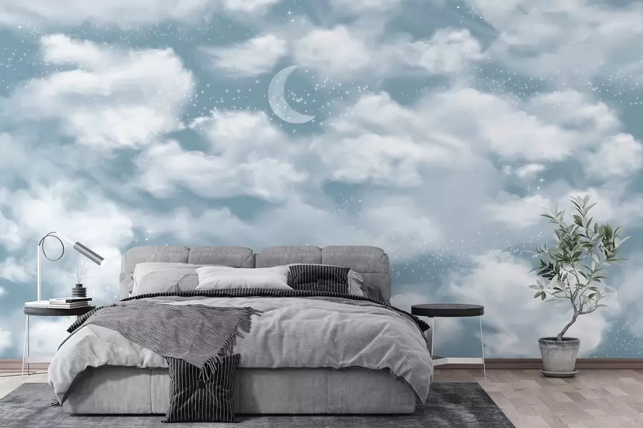 murais de parede Céu estrelado com lua e nuvens, sonhador, etéreo, cores azuis suaves w02515v1